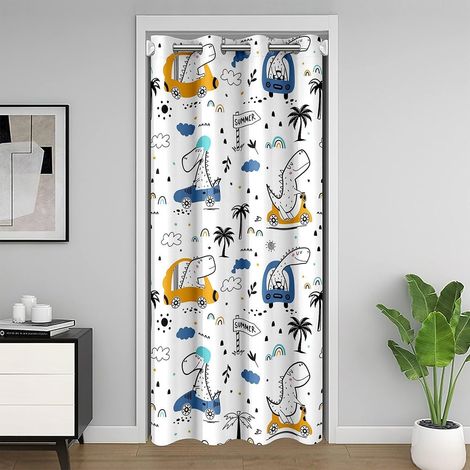 Rideau de porte motif dinosaures - 1 panneau - 86 x 203 cm - Bleu et jaune - Motif : véhicule de dessin animé - Pour armoire, porte - Mignon dinosaure - Faune sauvage - Arc-en-ciel - Blanc - Pour - 20 (1/5)