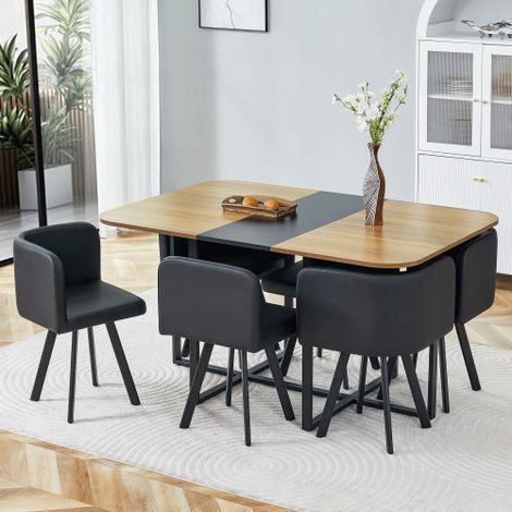Set da pranzo con tavolo con superficie effetto legno e struttura in metallo nero, per 4-6 persone, ideale per cucina e soggiorno. (1/5)