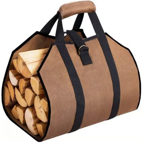 Sollbry Toile Sac à bûche Cheminée Sac de rangement pour le bois de chauffage Imperméable Transporteur de bois extérieur avec poignées Sangles anti-dérapantes Solide Porte-bûches marron (1/5)