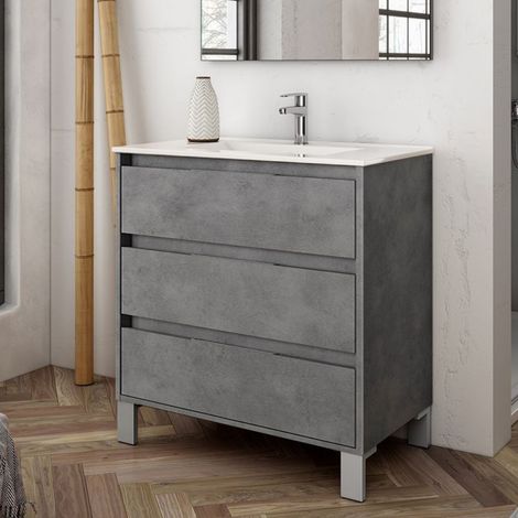 Armoire de toilette 3 tiroirs ciment 80x45x84H cm - Konni (1/2)