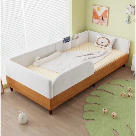 Letto imbottito 90x200 cm in velluto bianco e legno naturale, con 2 tasche portaoggetti e bordo protettivo (1/5)