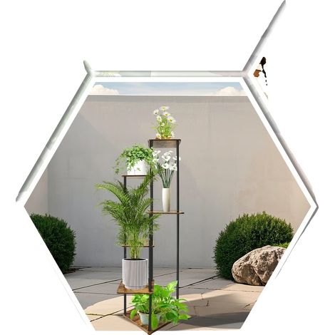Supporto per piante, design salvaspazio, struttura resistente in metallo e legno, supporto per fiori a sei livelli (1/2)