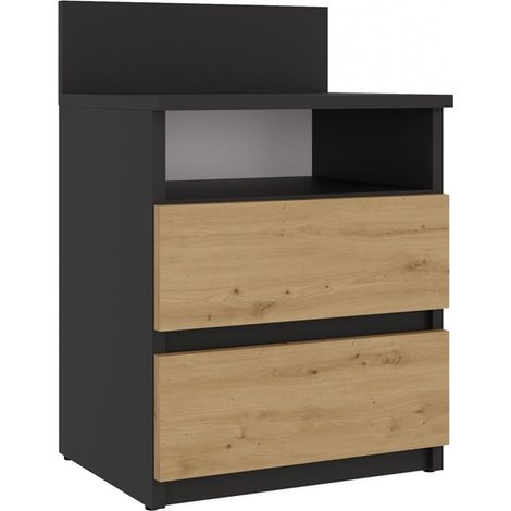 Mesita de noche moderna en antracita/roble artesanal - 2 cajones, mesita de noche para dormitorio, diseño minimalista (1/5)