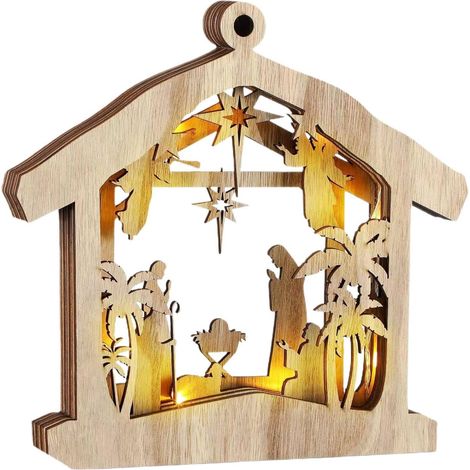 Crèche de Noël d'intérieur Statues Religieuses en Bois pour Célébrations Décoration de Noël Illuminée Pour Cheminée Bureau Table Étagère Salon Chambre Ferme Décoratif (1/5)