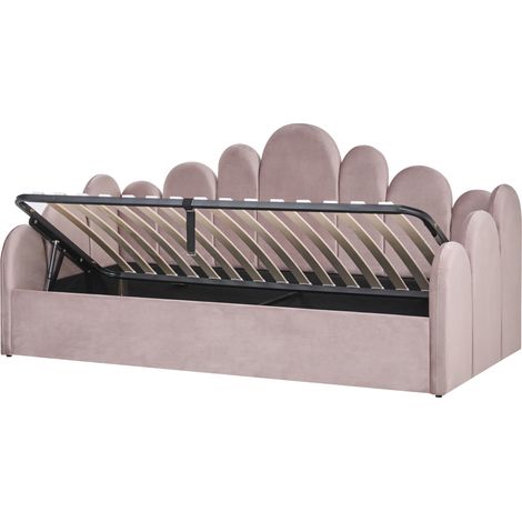 Cama con almacenaje tapizada de terciopelo 90 x 200 cm con somier de listones rosa pastel Polignac (1/5)