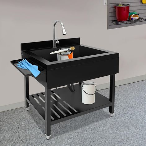 Évier de cuisine en acier inoxydable - 1 bac - Multifonction - Avec robinet extensible et dispositif de vidange - Évier commercial pour garage, atelier, buanderie, noir (1/5)