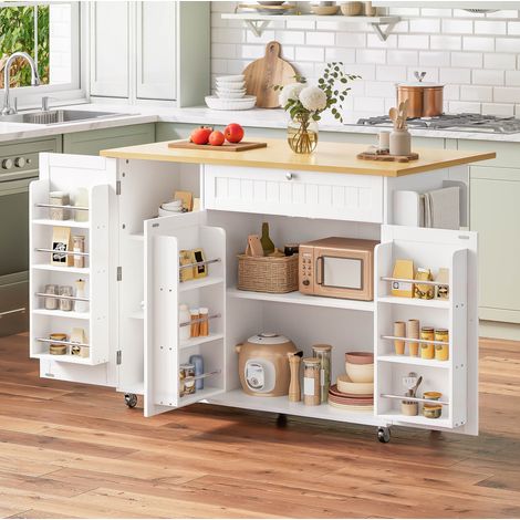 Isla de cocina 120x70x92 cm natural y blanco en MDF con encimera abatible y ruedas (1/5)