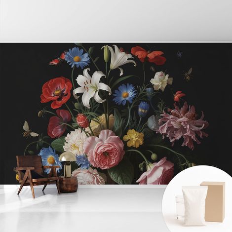 Tapete Vliestapete mit Kleber für Wohnzimmer Schlafzimmer Küche - Wanddekoration Blumen mit Insekten 416x254 cm (1/5)