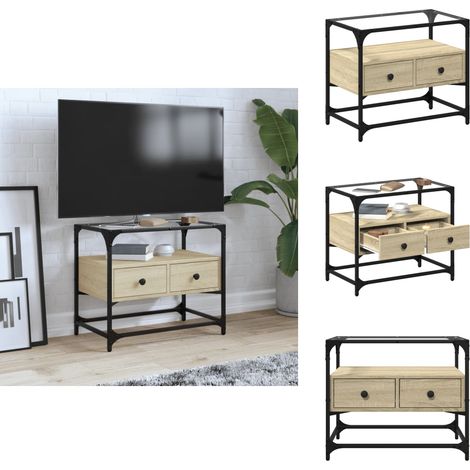 Meuble TV avec dessus en verre chêne sonoma bois d'ingénierie - Meubles Tv - Meuble Tv - Support Tv - Unité Tv - Meuble Industriel (1/5)