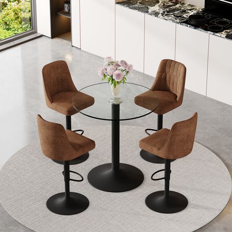 Ensemble bar flexible: table en verre de 89 cm + 4 tabourets de bar pivotants en tissu technologique marron. Structure métallique noire, avec repose-pieds confortable. Le choix idéal pour votre bar à 