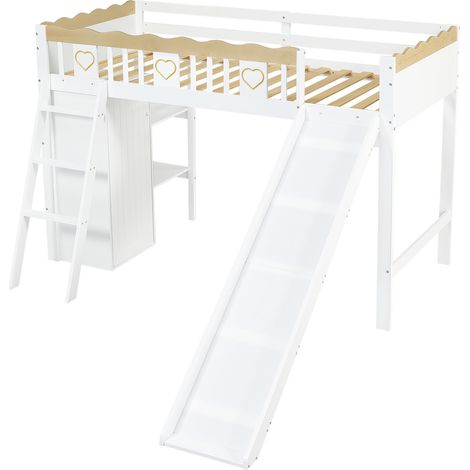 Kinder-Hochbett mit Rutsche, Kleiderschrank und Stauraum, 90 x 200 cm, Weiß/Natur (1/5)
