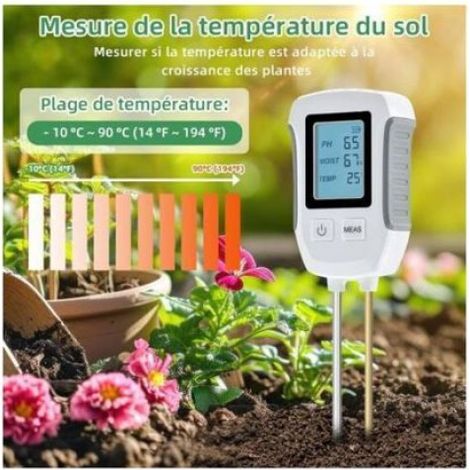 Testeur Sol - pH Humidité Température - Écran LCD Rétroéclairé - Pour Jardinage Extérieur Intérieur - 1 Pièce (1/4)