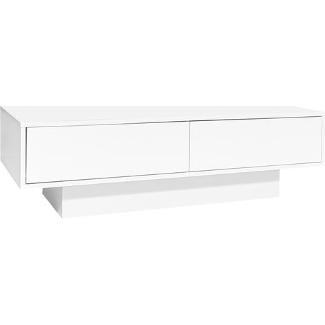 Moderner glänzend weißer Couchtisch 115 x 55 x 34 cm mit 2 Schubladen und LED-Beleuchtung (1/5)