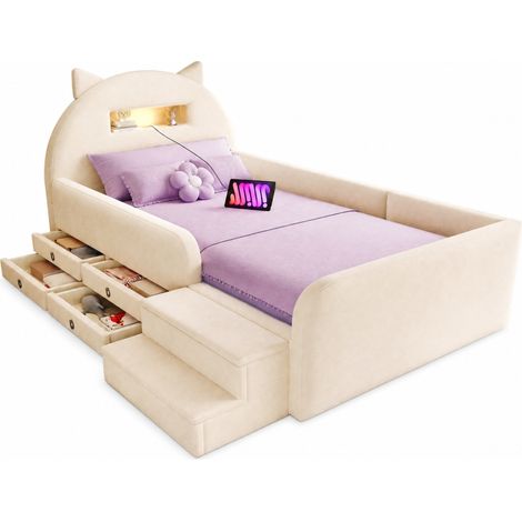 Letto imbottito per bambini 90 x 200 cm con testiera a orecchie, luce notturna, USB, cassetti contenitore e panca rimovibile in velluto beige - CHICFURN (1/5)