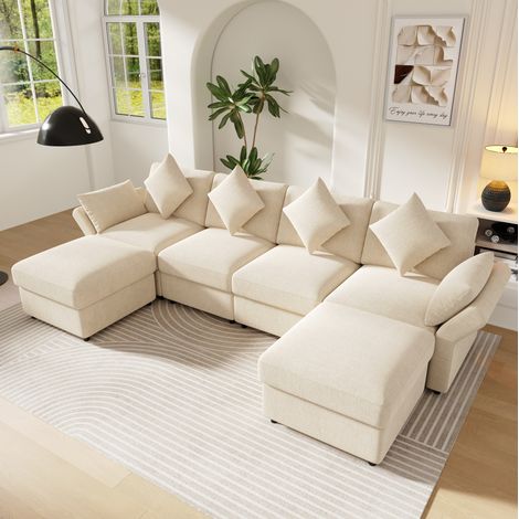 Canapé d’angle modulare in chenille beige 284x156,5x86 cm con 2 pouf e accoudoirs regolabili (1/5)