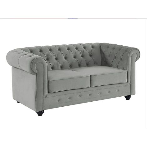 Vente-Unique – Canapé 2 places convertible Chesterfield – Velours gris clair – Assise déhoussable – Confort équilibré – Structure bois (1/5)