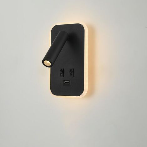 LED wall light with 2 switches, USB charging port, aluminium, suitable for bedroom and living room, 3000K (3W + 10W). (1/5)