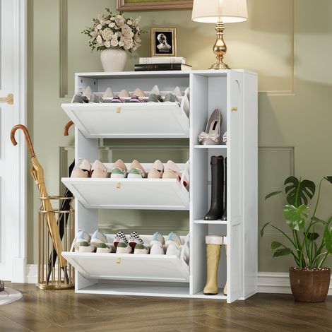 Meuble à Chaussures - 90x25x114cm - 3 Abattants et 1 Porte avec Étagères Ajustables - Design Slim Gain de Place - Blanc (1/5)