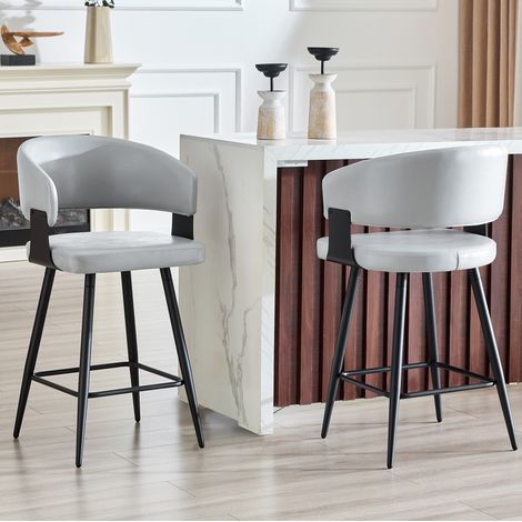 Set 2 sgabelli da bar grigio con schienale, seduta ergonomica e poggiapiedi, in metallo e PU, altezza 94,5 cm (1/5)