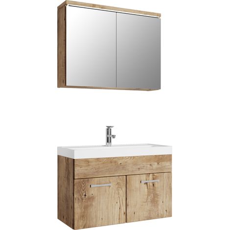 Badezimmer Badmöbel-Set Paso 02 80cm Waschbecken Eiche Kastanie