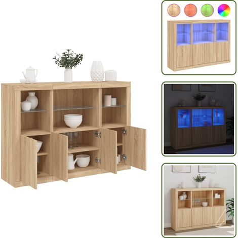The Living Store Buffets avec lumières LED 3 pcs chêne sonoma bois d'ingénierie - Buffet Moderne - Meuble Rangement - Luminaire Led - Décoration Intérieure - Bibliothèque Murale (1/5)