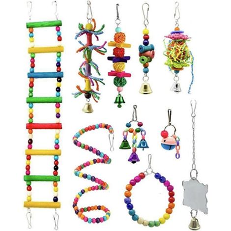 Lot de 10 jouets pour oiseaux : balançoire, corde à grimper, échelle, jouets à mâcher avec clochettes, nid suspendu, pour petites perruches, calopsittes, conures, aras et autres perroquets. Accessoire
