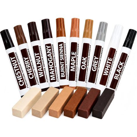 Kit Réparation Meuble 16 Pièces – 10 Marqueurs Bois & 6 Cires Dures pour Réparer Rayures, Fissures, Trous et Impacts sur Parquet, Stratifié, Vinyle et Meubles (1/5)