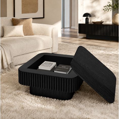Mesa de centro cuadrada negra 75x75 cm con almacenaje oculto, estilo moderno - CHICFURN (1/5)