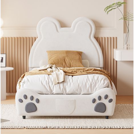 Cama infantil tapizada forma oso 90x200 cm, blanca, con somier de láminas (1/5)