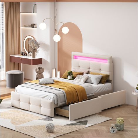 Polsterbett 90/200 cm beige aus Leinen mit LED und 2 Schubladen (1/5)
