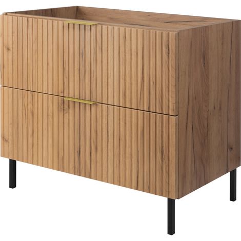 Meuble vasque, Chêne Craft, 80 x 77 x 46 cm, poignée dorée, pieds noirs, sans plan de travail (1/5)
