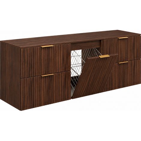 Mobile bagno sospeso sottolavabo con cesto portabiancheria, rovere noce, maniglie nere, 160 x 46 x 57 cm (1/5)