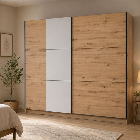 Armario Grande Sorgono, Ropero Dormitorio con Barras, 8 Estantes, Puertas Correderas, 236.5x210h cm Roble Nodo Marrón (1/5)