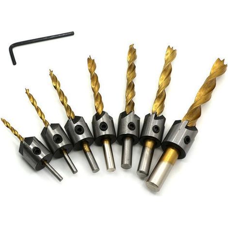 Foret Bois 8 Pièces, 3-10 mm 5 Flûte Fraisée, Perceuse à Trois Pointes en Acier au Carbone Haute Vitesse Avec L Clé pour le Perçage