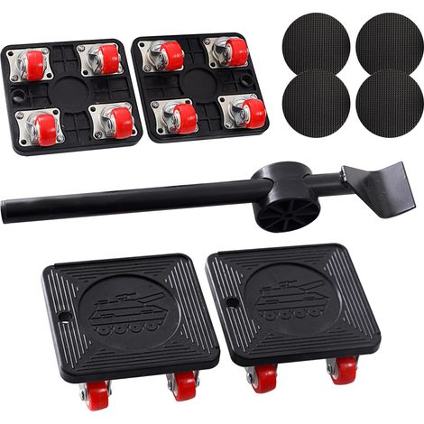 roulettes pour Meubles Set De 9 Pièces Leve Meuble Planche Roulette Demenagement 4 roulettes De Transport 360 Degrés Pivotant Roue PU Pastilles Antidérapantes Barre à Mine Max for 400kg (1/5)