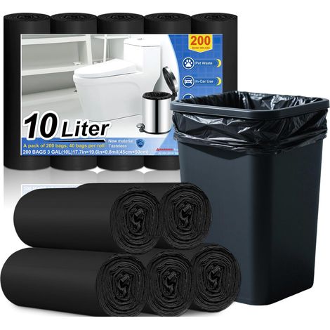 Lot de 200 sacs poubelle noirs de 10 l - Opaques - Pour petites poubelles - Robustes - 10 l - Pour salle de bain, cuisine, bureau et maison (1/5)