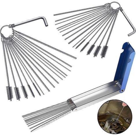 Kit de nettoyage de gicleurs de carburateur pour motos et quads - Comprend 20 aiguilles, 10 brosses et 2 clés hexagonales CRV (1/5)