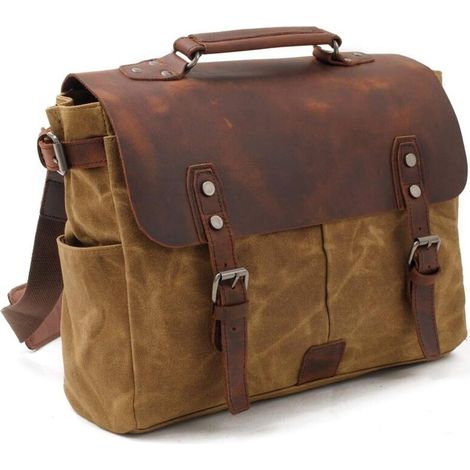 les hommes est sac de coursier sac de toile imperméable ciré cuir vintage ordinateur toile cartable épaule mallette à usage quotidien brown travaux école college