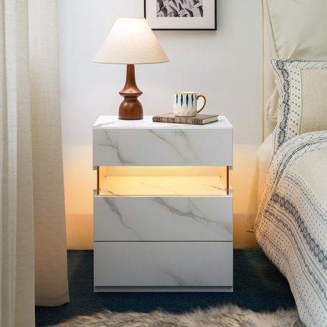 Tables de chevet LED, commode à 3 tiroirs pour chambre à coucher, table d'appoint avec panneau acrylique, tables de chevet LED pour chambre à coucher ou salon, mobilier de chevet (pierre blanche)