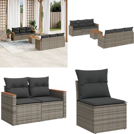 Set de sofás de jardín 7 piezas con cojines ratán PE gris - Cojines para sofás - Ratán sintético