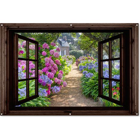 Balcony Privacy Banner Hydrangea - See-through - Flowers - Purple - Nature - Dark brown window 180x120 cm (1/5)