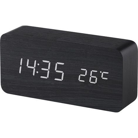 (Black) Wooden Digital Alarm Clock with LED Sound Control, Dual USB Battery Powered, Silent Wooden Clock with LED, Home Decorations