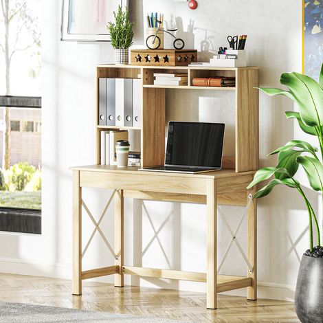 Bureau avec rangement bureau bibliothèque en bois, étagères et grand plateau, pour petits espaces, aspect chêne