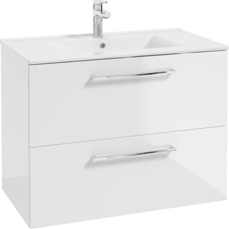 STAMAR  Badezimmermöbel mit Waschbecken - 80 x 50 x 47 cm - Weiß Hochglanz - Modernes Design - Soft-Close Schubladen