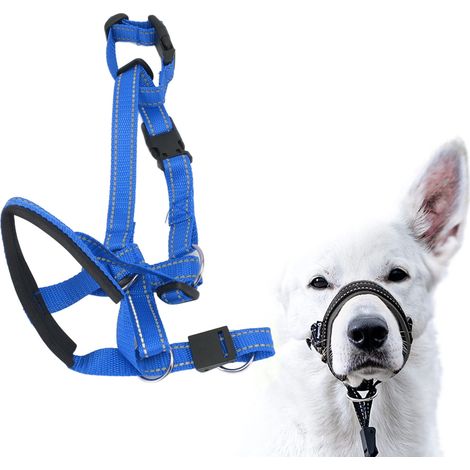 Muselière réglable pour chien, anti-aboiements et anti-morsures, corde de muselière en nylon, masque respirant pour chien, bleu, taille L. (1/5)