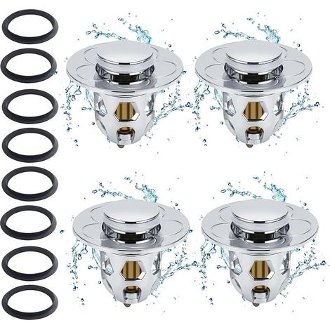 Pop Up Anti-Clogging Basin Plugs, 4 Pack + 8 Universal Sealing Gaskets, Bounce Core, Easy Installation for Kitchen, Bathroom, Tub, Sink (1/5)