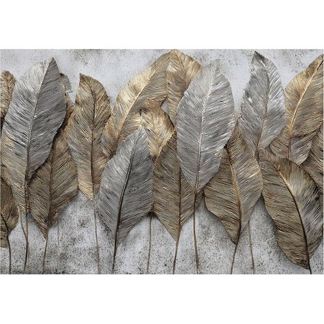 Papier peint mural feuilles béton or gris intissé grand format design intérieur salon chambre pas cher 150x105 cm (1/5)