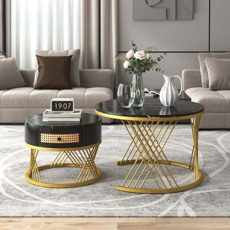 Lot de 2 tables basses rondes en MDF, plateau effet marbre, tiroir cannage, pieds métal doré, tables gigognes salon modernes (1/5)