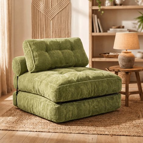 Fabulcozy Canapé Droit 1 Place, 4-en-1 Canapé Convertible Pliable Tissu Côtelé avec Soutien Lombaire Réglable et Appui-Tête à Sangles, Idéal pour Petits Espaces, Salon ou Chambre (Vert clair) (1/5)