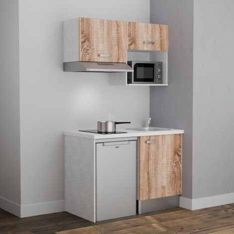 Kitchenette K02L-PT - 120 cm avec plan de travail et évier - Façade Bois - Plan Blanc - Crédences Non